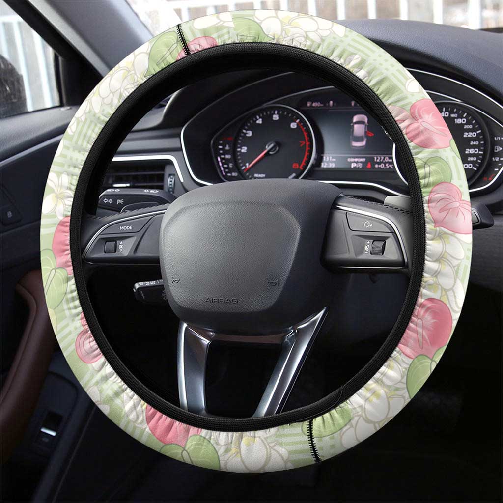 Anthurium Plumeria Lei Pastel Steering Wheel Cover Green Hawaiian Splendid Palaka
