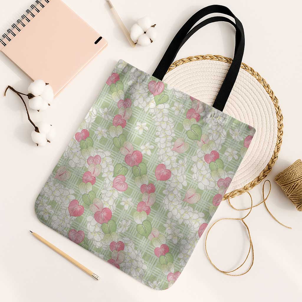 Anthurium Plumeria Lei Pastel Tote Bag Green Hawaiian Splendid Palaka LT01 Black Strap One Size Green - Polynesian Pride