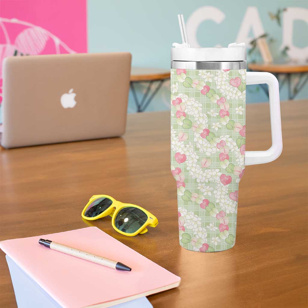 Anthurium Plumeria Lei Pastel Tumbler With Handle Green Hawaiian Splendid Palaka