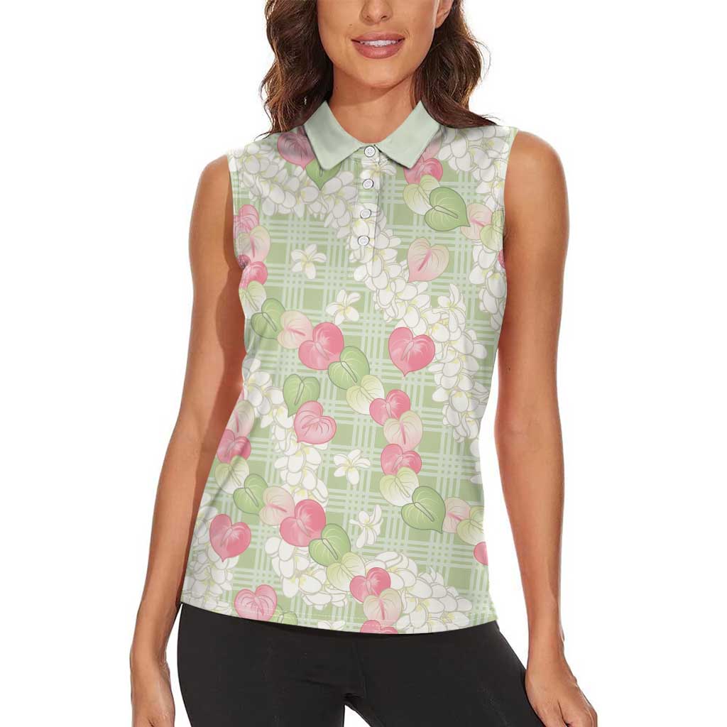 Anthurium Plumeria Lei Pastel Women Sleeveless Polo Shirt Green Hawaiian Splendid Palaka