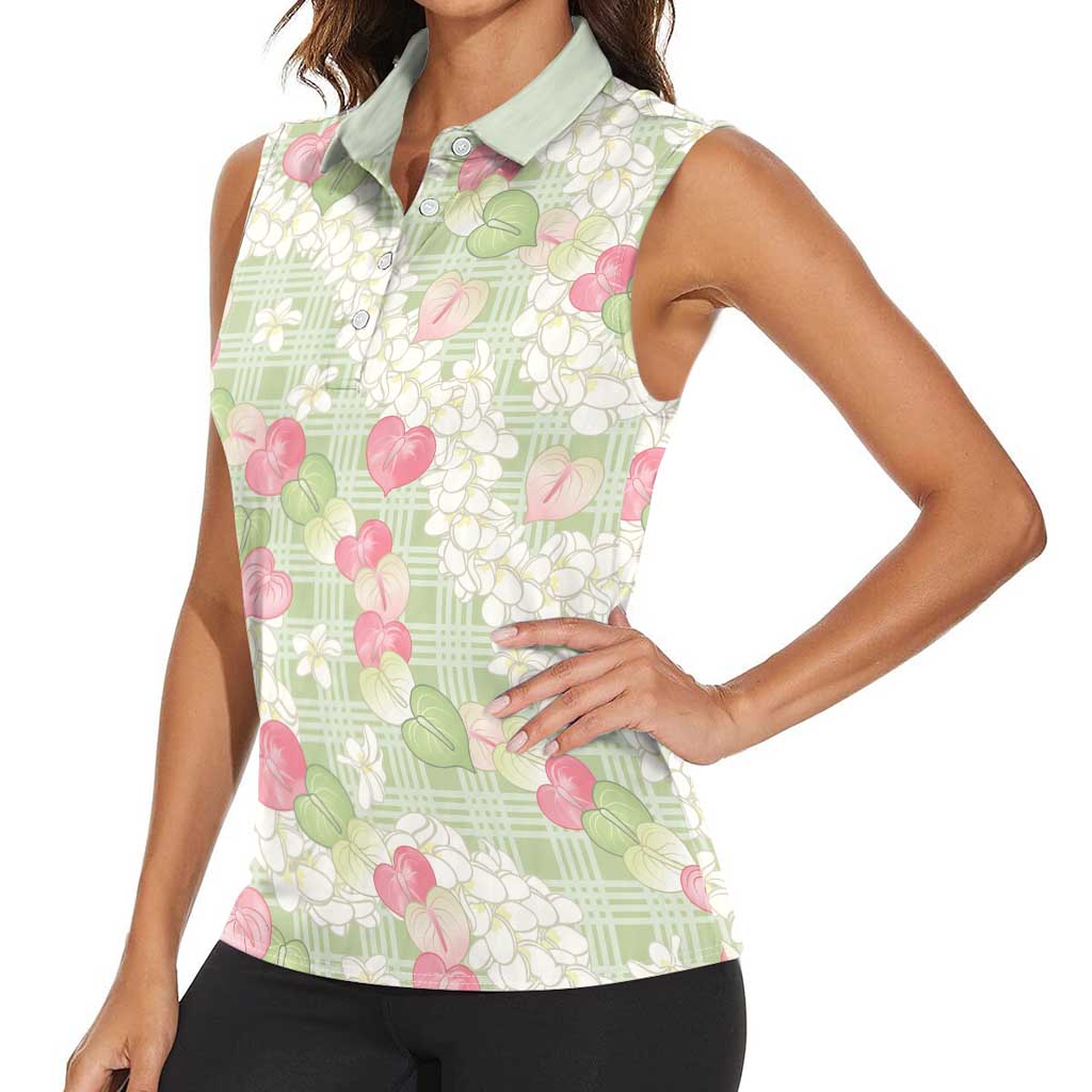 Anthurium Plumeria Lei Pastel Women Sleeveless Polo Shirt Green Hawaiian Splendid Palaka