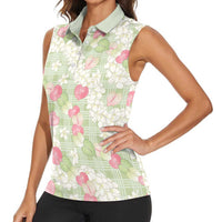 Anthurium Plumeria Lei Pastel Women Sleeveless Polo Shirt Green Hawaiian Splendid Palaka