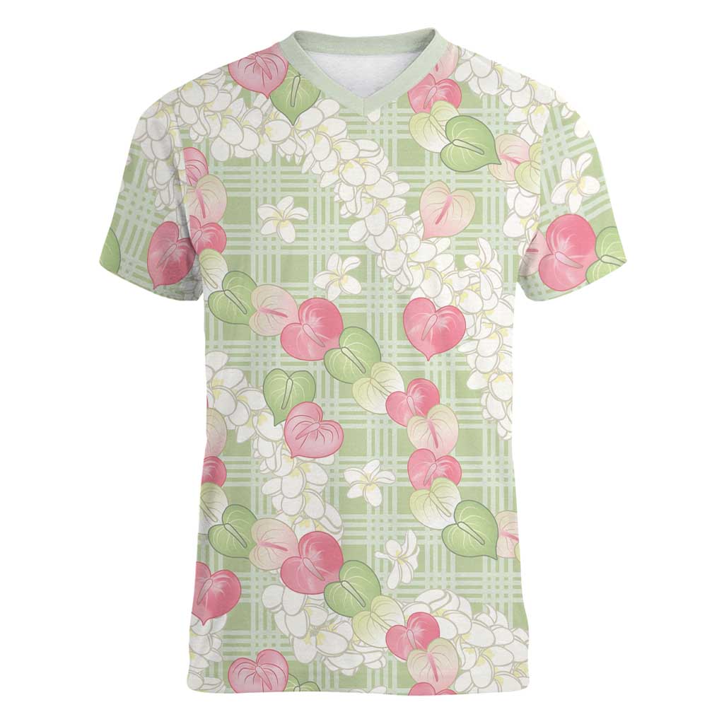 Anthurium Plumeria Lei Pastel Women V-Neck T-Shirt Green Hawaiian Splendid Palaka