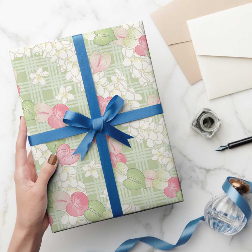 Anthurium Plumeria Lei Pastel Wrapping Paper Green Hawaiian Splendid Palaka