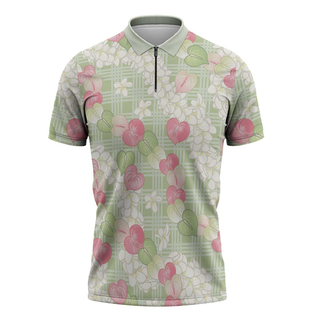 Anthurium Plumeria Lei Pastel Zipper Polo Shirt Green Hawaiian Splendid Palaka LT01 Green - Polynesian Pride