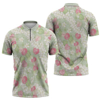 Anthurium Plumeria Lei Pastel Zipper Polo Shirt Green Hawaiian Splendid Palaka LT01 - Polynesian Pride
