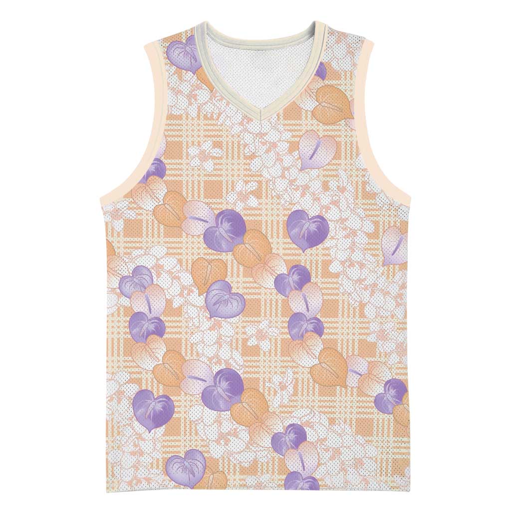 Anthurium Plumeria Lei Pastel Basketball Jersey Orange Hawaiian Splendid Palaka LT01 Unisex Orange - Polynesian Pride