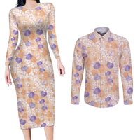 Anthurium Plumeria Lei Pastel Couples Matching Long Sleeve Bodycon Dress and Long Sleeve Button Shirt Orange Hawaiian Splendid Palaka
