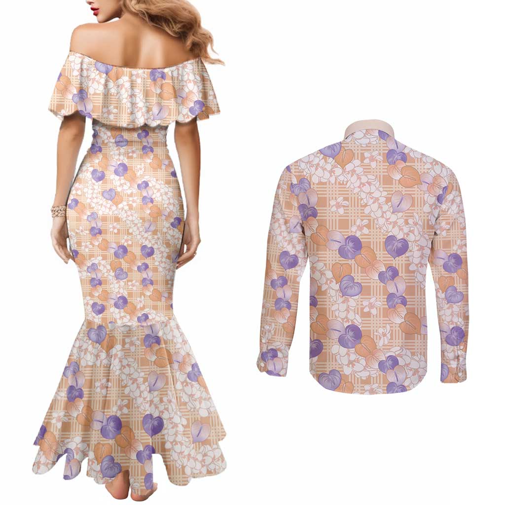 Anthurium Plumeria Lei Pastel Couples Matching Mermaid Dress and Long Sleeve Button Shirt Orange Hawaiian Splendid Palaka