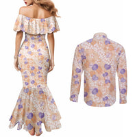 Anthurium Plumeria Lei Pastel Couples Matching Mermaid Dress and Long Sleeve Button Shirt Orange Hawaiian Splendid Palaka