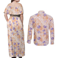 Anthurium Plumeria Lei Pastel Couples Matching Off Shoulder Maxi Dress and Long Sleeve Button Shirt Orange Hawaiian Splendid Palaka