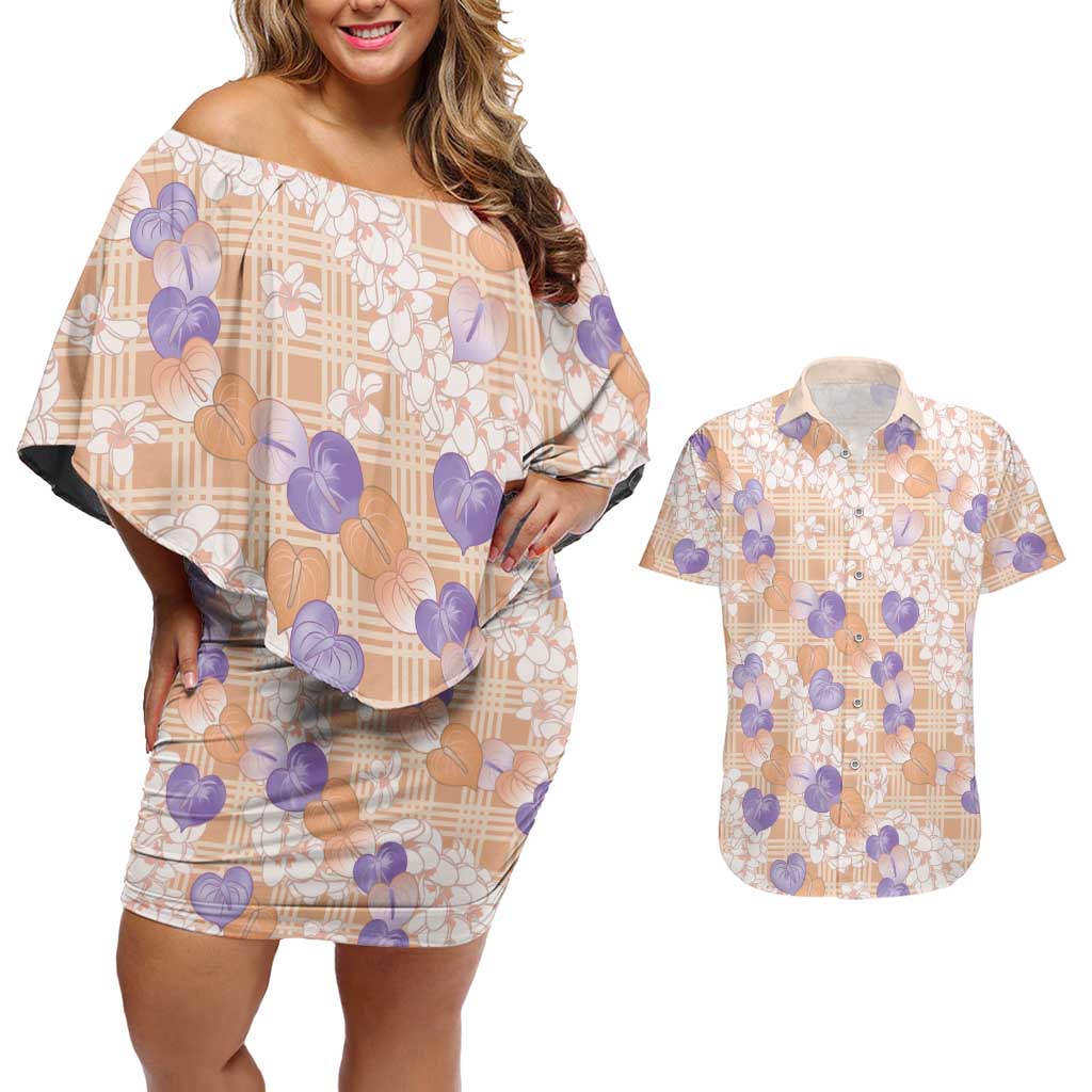 Anthurium Plumeria Lei Pastel Couples Matching Off Shoulder Short Dress and Hawaiian Shirt Orange Hawaiian Splendid Palaka