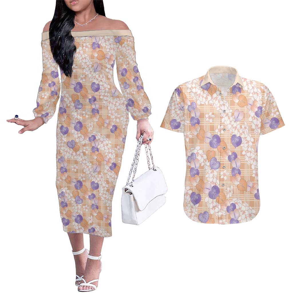 Anthurium Plumeria Lei Pastel Couples Matching Off The Shoulder Long Sleeve Dress and Hawaiian Shirt Orange Hawaiian Splendid Palaka