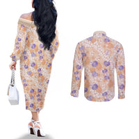Anthurium Plumeria Lei Pastel Couples Matching Off The Shoulder Long Sleeve Dress and Long Sleeve Button Shirt Orange Hawaiian Splendid Palaka