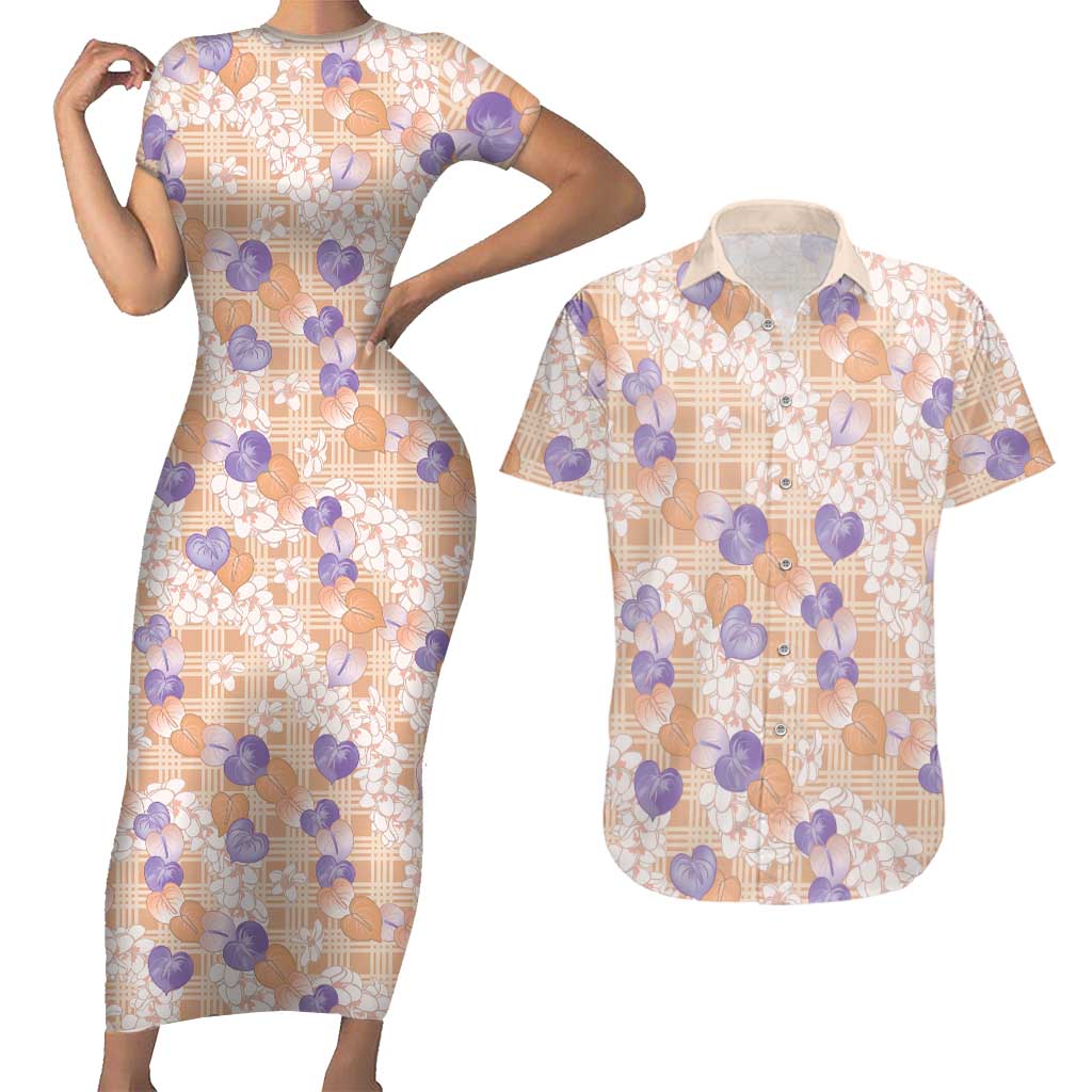 Anthurium Plumeria Lei Pastel Couples Matching Short Sleeve Bodycon Dress and Hawaiian Shirt Orange Hawaiian Splendid Palaka