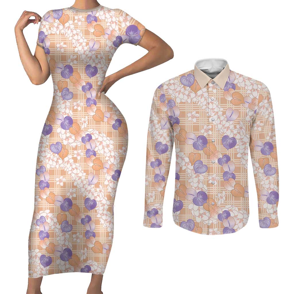 Anthurium Plumeria Lei Pastel Couples Matching Short Sleeve Bodycon Dress and Long Sleeve Button Shirt Orange Hawaiian Splendid Palaka