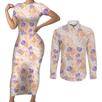 Anthurium Plumeria Lei Pastel Couples Matching Short Sleeve Bodycon Dress and Long Sleeve Button Shirt Orange Hawaiian Splendid Palaka