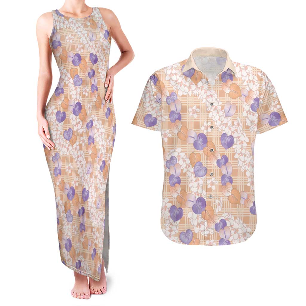 Anthurium Plumeria Lei Pastel Couples Matching Tank Maxi Dress and Hawaiian Shirt Orange Hawaiian Splendid Palaka