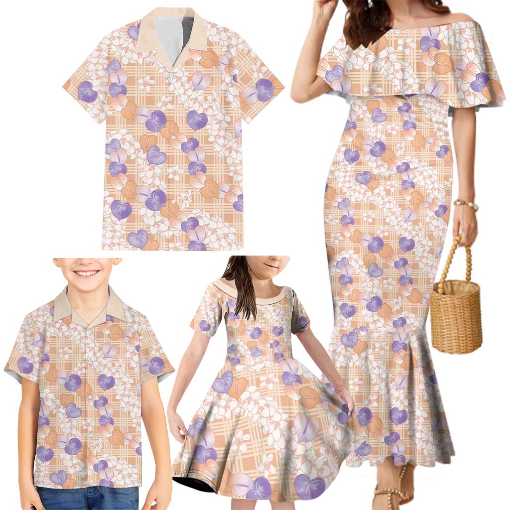 Anthurium Plumeria Lei Pastel Family Matching Mermaid Dress and Hawaiian Shirt Orange Hawaiian Splendid Palaka