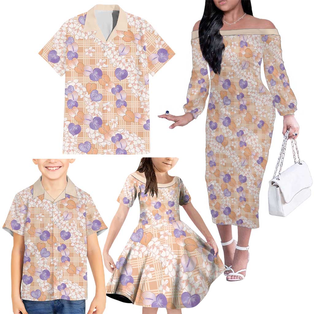 Anthurium Plumeria Lei Pastel Family Matching Off The Shoulder Long Sleeve Dress and Hawaiian Shirt Orange Hawaiian Splendid Palaka