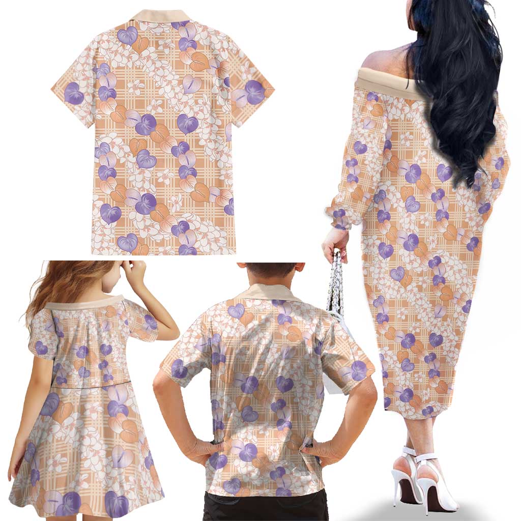 Anthurium Plumeria Lei Pastel Family Matching Off The Shoulder Long Sleeve Dress and Hawaiian Shirt Orange Hawaiian Splendid Palaka