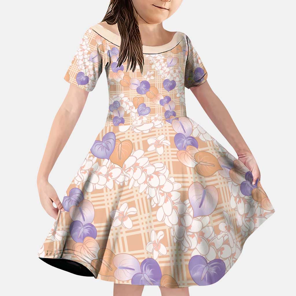 Anthurium Plumeria Lei Pastel Family Matching Off Shoulder Maxi Dress and Hawaiian Shirt Orange Hawaiian Splendid Palaka LT01 Daughter's Dress Orange - Polynesian Pride