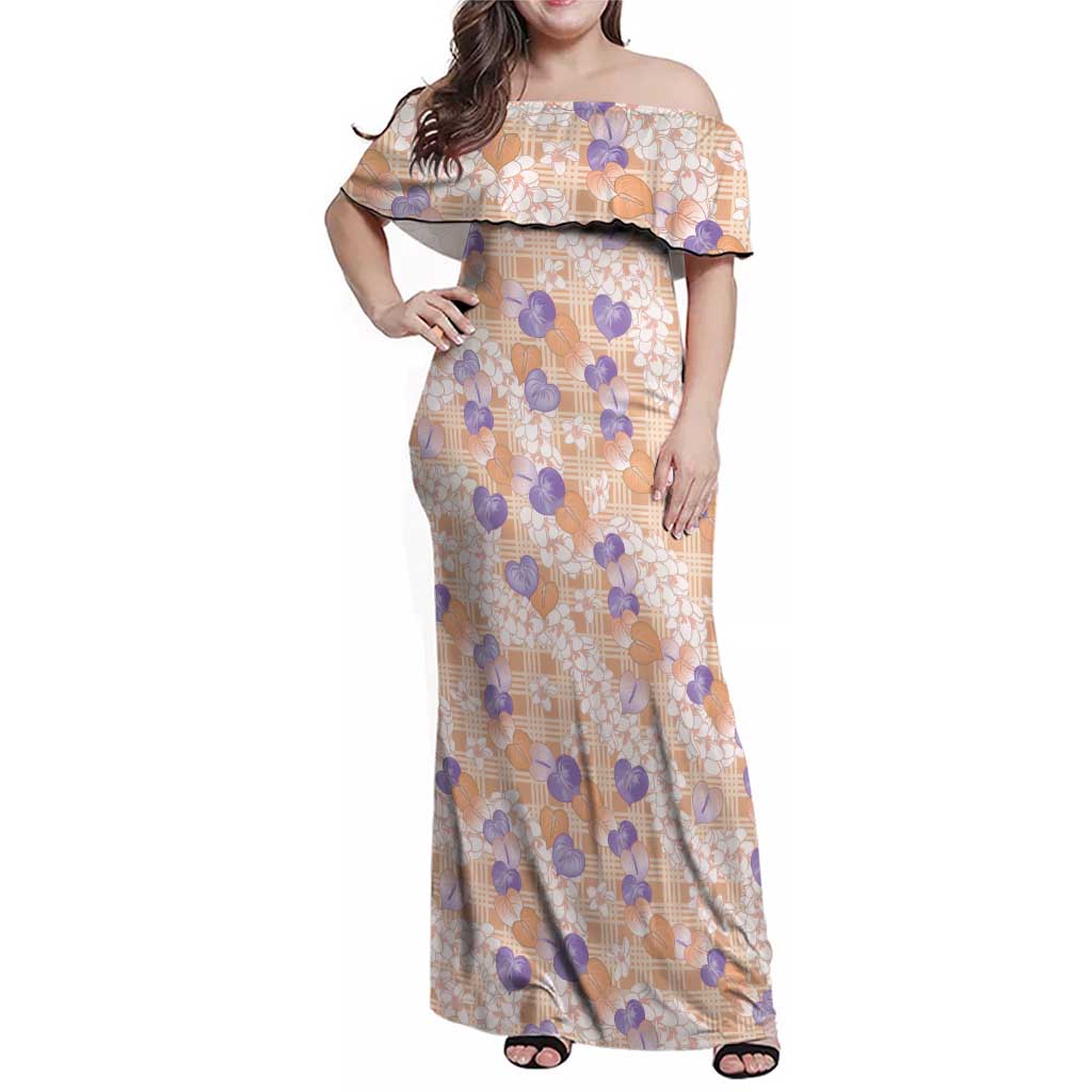 Anthurium Plumeria Lei Pastel Family Matching Off Shoulder Maxi Dress and Hawaiian Shirt Orange Hawaiian Splendid Palaka LT01 Mom's Dress Orange - Polynesian Pride