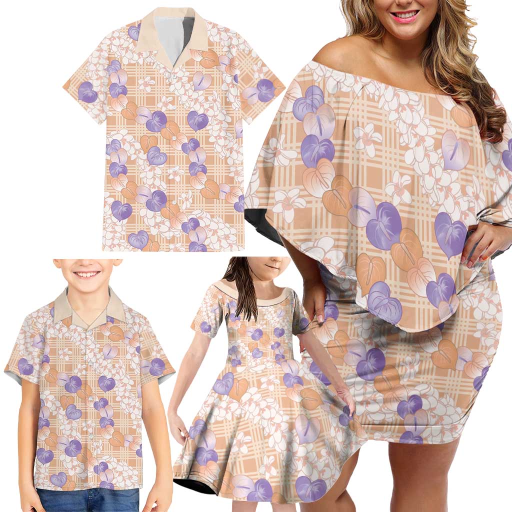 Anthurium Plumeria Lei Pastel Family Matching Off Shoulder Short Dress and Hawaiian Shirt Orange Hawaiian Splendid Palaka