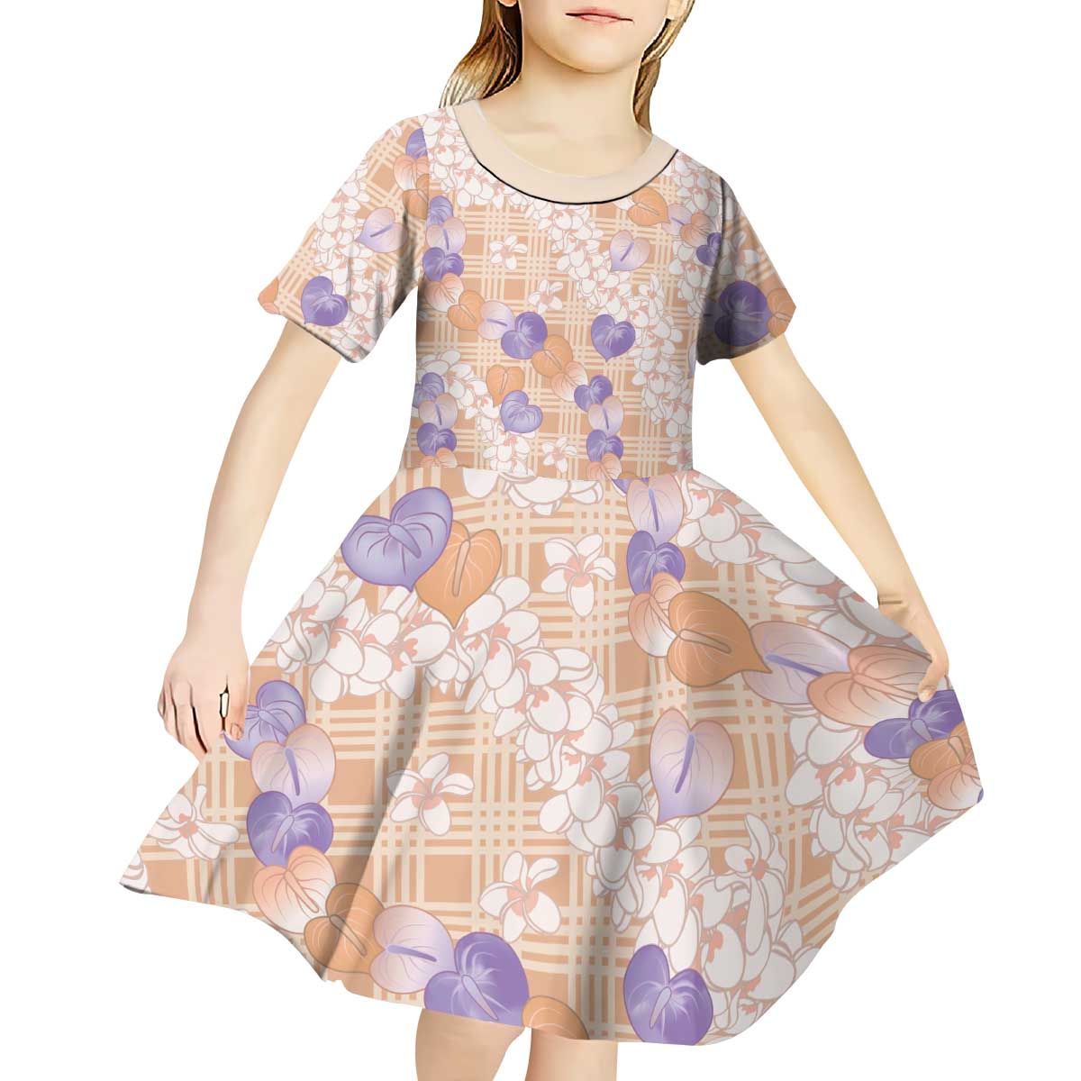 Anthurium Plumeria Lei Pastel Kid Short Sleeve Dress Orange Hawaiian Splendid Palaka