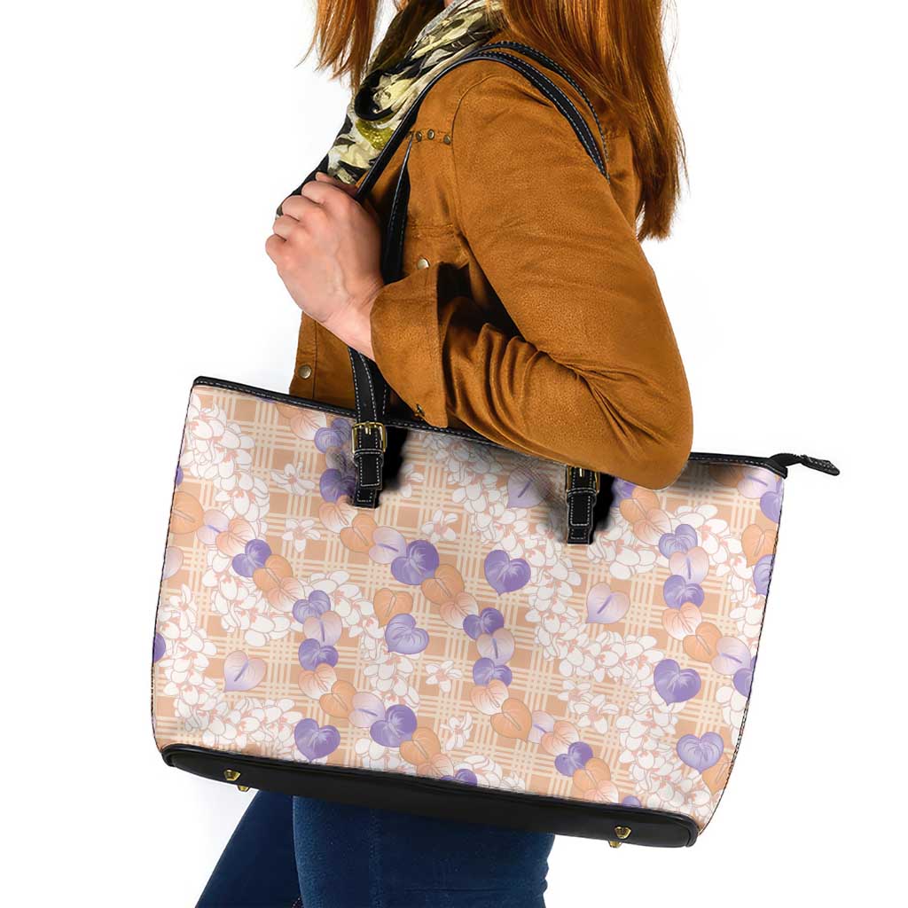 Anthurium Plumeria Lei Pastel Leather Tote Bag Orange Hawaiian Splendid Palaka
