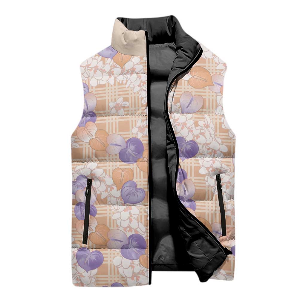 Anthurium Plumeria Lei Pastel Sleeveless Puffer Jacket Orange Hawaiian Splendid Palaka