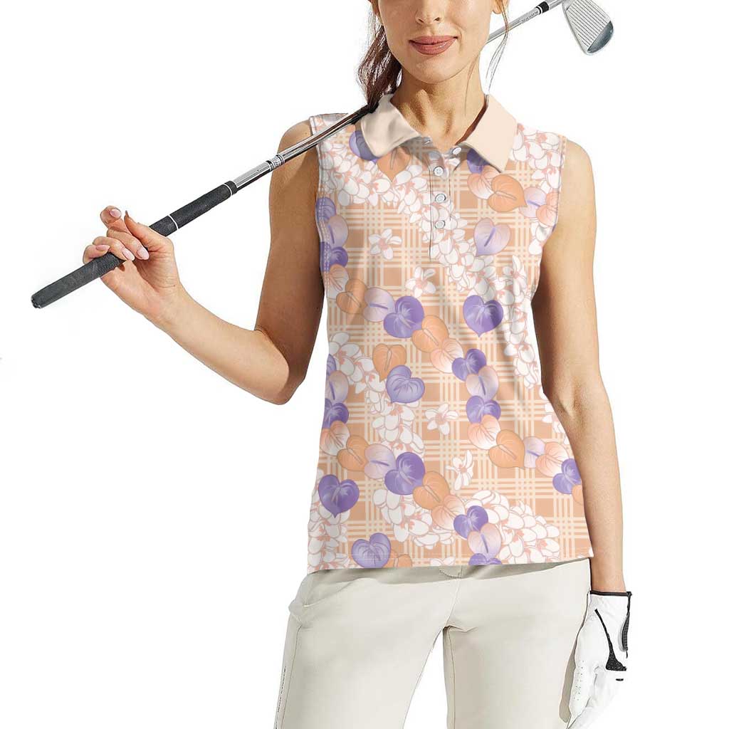 Anthurium Plumeria Lei Pastel Women Sleeveless Polo Shirt Orange Hawaiian Splendid Palaka