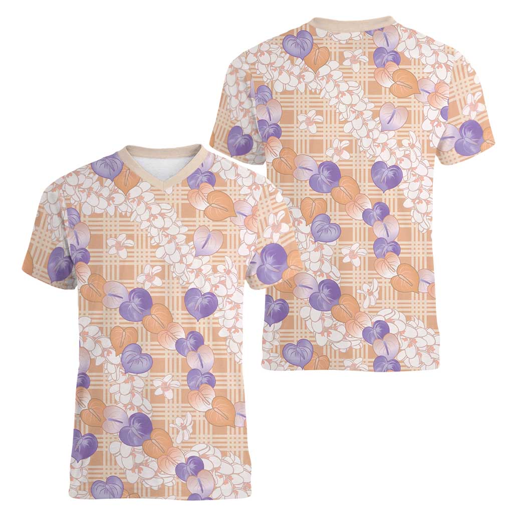 Anthurium Plumeria Lei Pastel Women V-Neck T-Shirt Orange Hawaiian Splendid Palaka