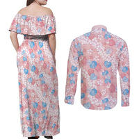 Anthurium Plumeria Lei Pastel Couples Matching Off Shoulder Maxi Dress and Long Sleeve Button Shirt Pink Hawaiian Splendid Palaka