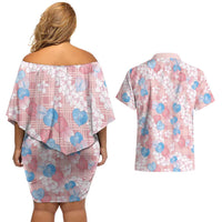 Anthurium Plumeria Lei Pastel Couples Matching Off Shoulder Short Dress and Hawaiian Shirt Pink Hawaiian Splendid Palaka