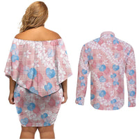 Anthurium Plumeria Lei Pastel Couples Matching Off Shoulder Short Dress and Long Sleeve Button Shirt Pink Hawaiian Splendid Palaka