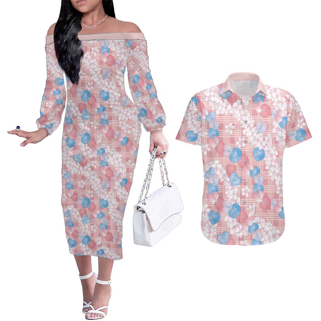Anthurium Plumeria Lei Pastel Couples Matching Off The Shoulder Long Sleeve Dress and Hawaiian Shirt Pink Hawaiian Splendid Palaka