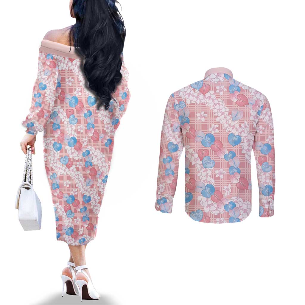 Anthurium Plumeria Lei Pastel Couples Matching Off The Shoulder Long Sleeve Dress and Long Sleeve Button Shirt Pink Hawaiian Splendid Palaka
