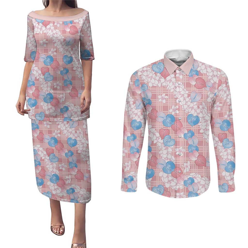 Anthurium Plumeria Lei Pastel Couples Matching Puletasi and Long Sleeve Button Shirt Pink Hawaiian Splendid Palaka