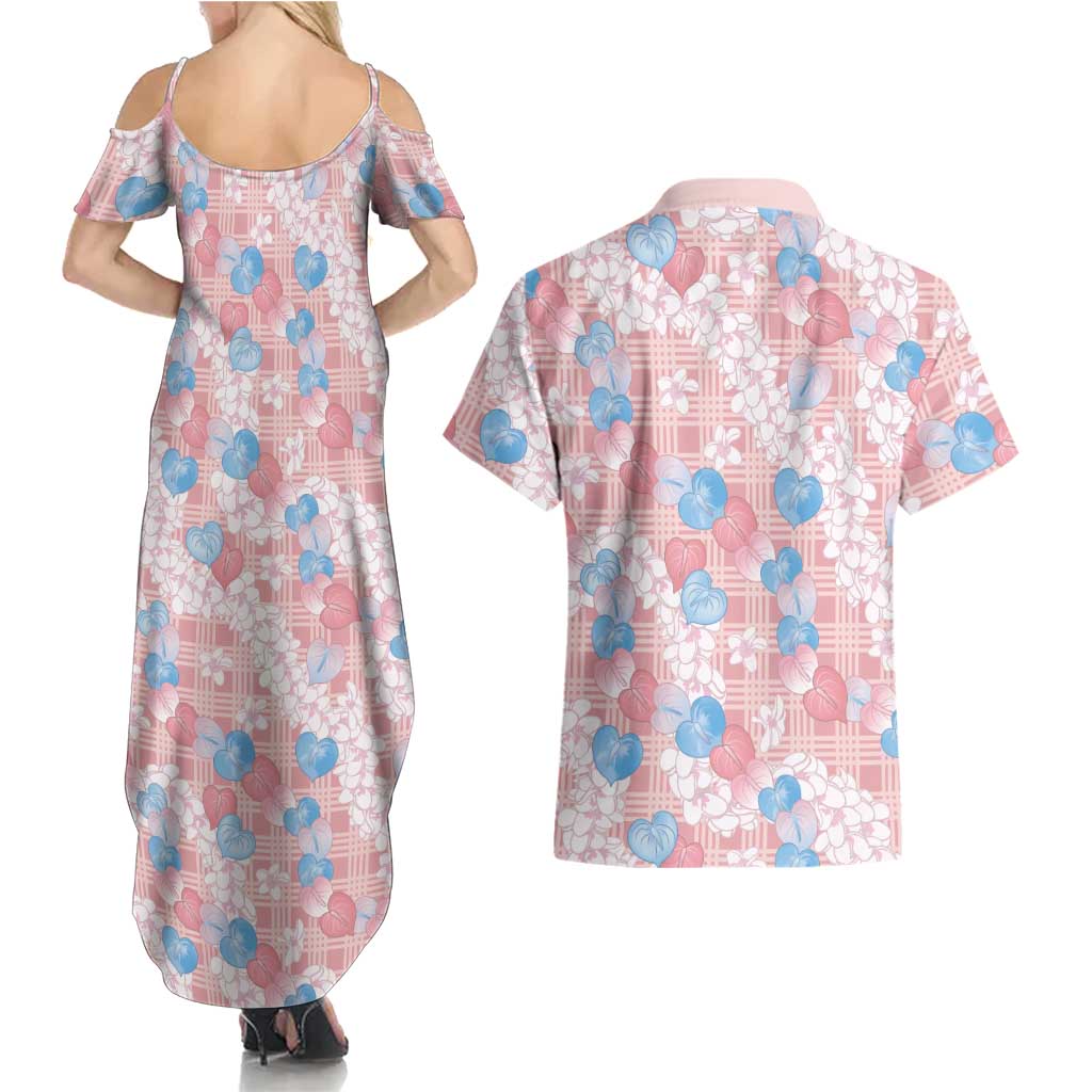 Anthurium Plumeria Lei Pastel Couples Matching Summer Maxi Dress and Hawaiian Shirt Pink Hawaiian Splendid Palaka