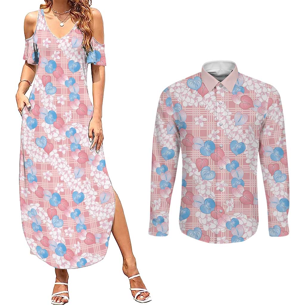 Anthurium Plumeria Lei Pastel Couples Matching Summer Maxi Dress and Long Sleeve Button Shirt Pink Hawaiian Splendid Palaka