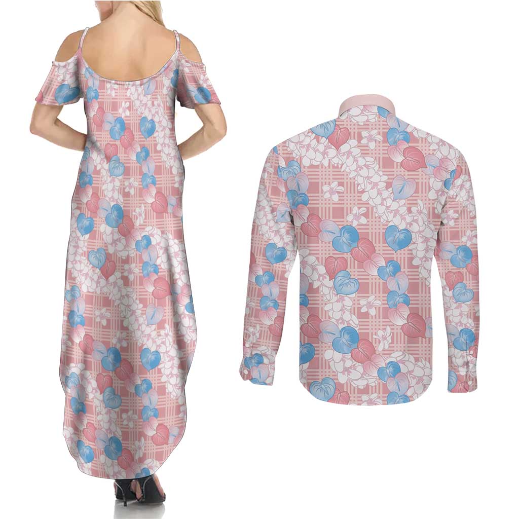 Anthurium Plumeria Lei Pastel Couples Matching Summer Maxi Dress and Long Sleeve Button Shirt Pink Hawaiian Splendid Palaka