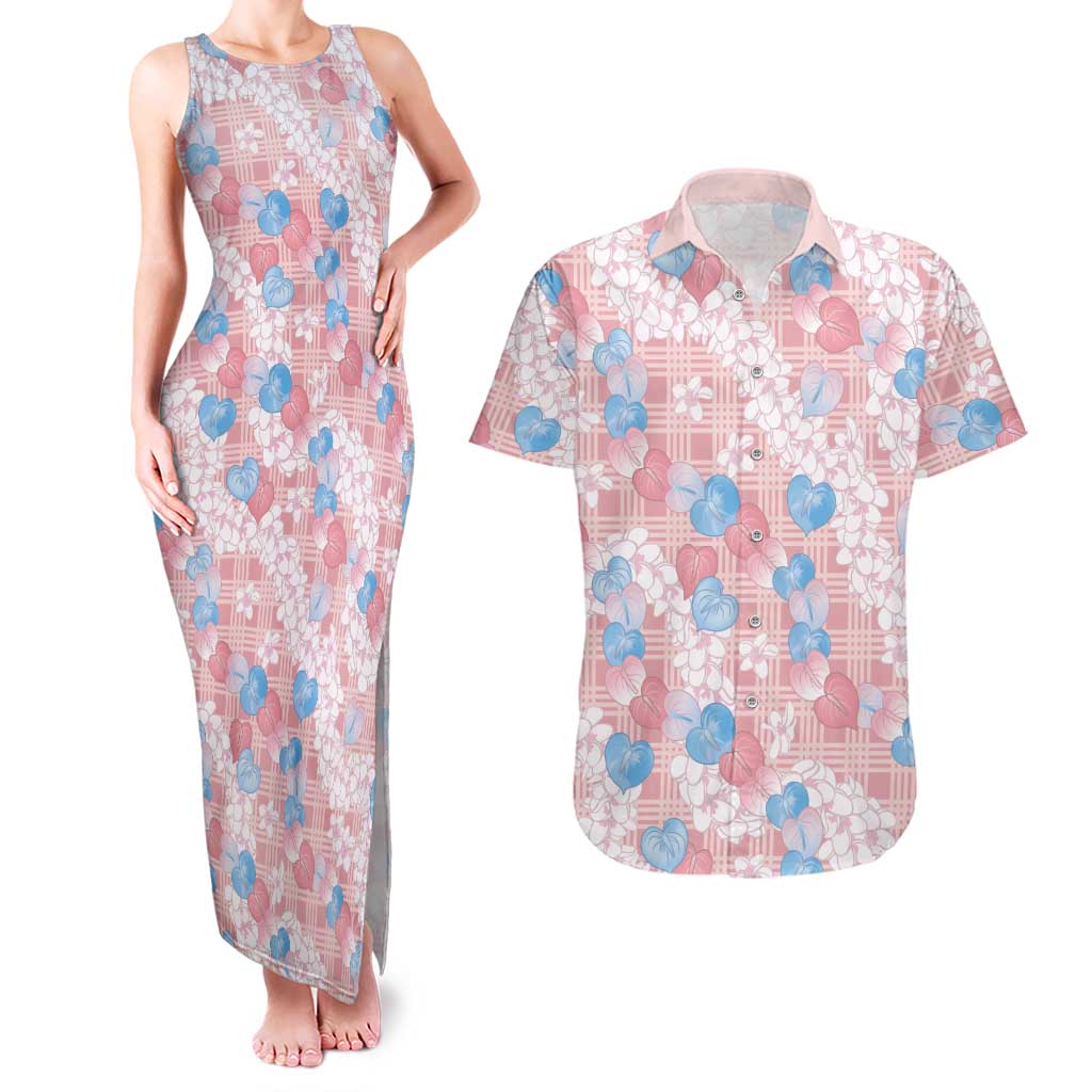 Anthurium Plumeria Lei Pastel Couples Matching Tank Maxi Dress and Hawaiian Shirt Pink Hawaiian Splendid Palaka