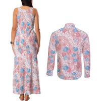 Anthurium Plumeria Lei Pastel Couples Matching Tank Maxi Dress and Long Sleeve Button Shirt Pink Hawaiian Splendid Palaka