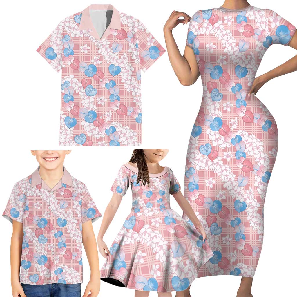 Anthurium Plumeria Lei Pastel Family Matching Short Sleeve Bodycon Dress and Hawaiian Shirt Pink Hawaiian Splendid Palaka