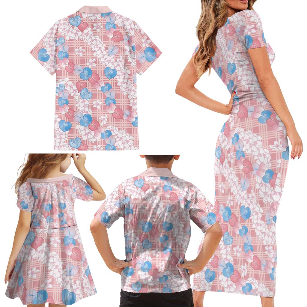Anthurium Plumeria Lei Pastel Family Matching Short Sleeve Bodycon Dress and Hawaiian Shirt Pink Hawaiian Splendid Palaka