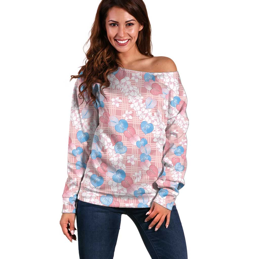 Anthurium Plumeria Lei Pastel Off Shoulder Sweater Pink Hawaiian Splendid Palaka LT01 Women Pink - Polynesian Pride