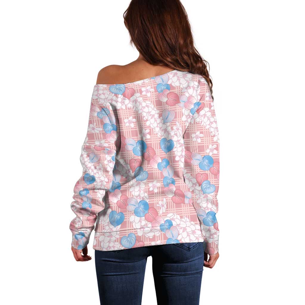 Anthurium Plumeria Lei Pastel Off Shoulder Sweater Pink Hawaiian Splendid Palaka LT01 - Polynesian Pride