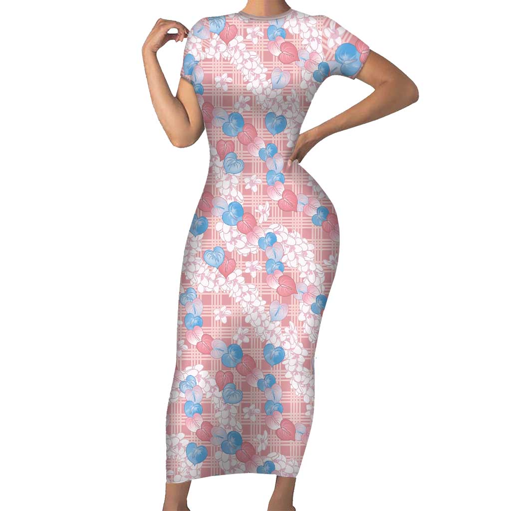Anthurium Plumeria Lei Pastel Short Sleeve Bodycon Dress Pink Hawaiian Splendid Palaka LT01 Long Dress Pink - Polynesian Pride