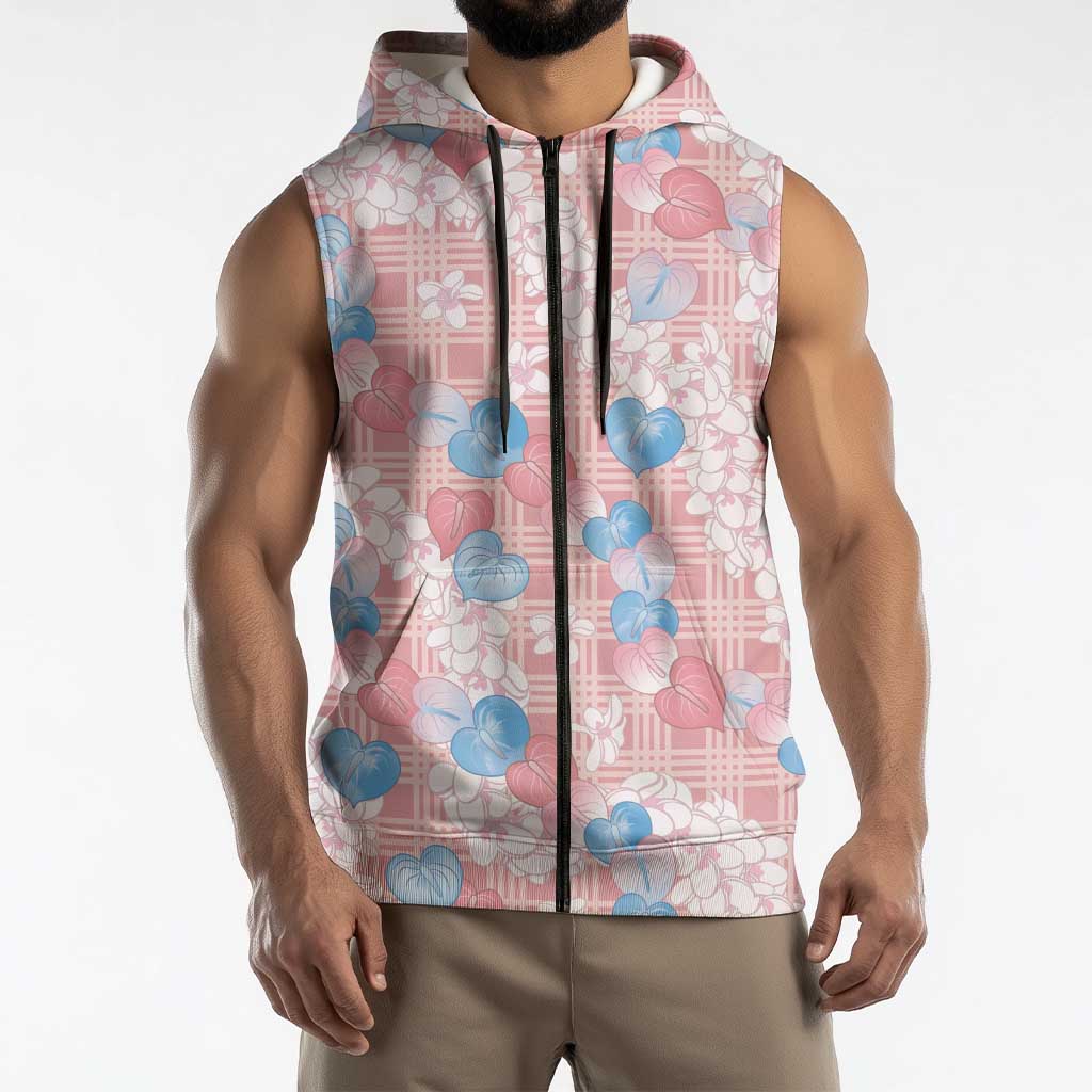Anthurium Plumeria Lei Pastel Sleeveless Zip Hoodie Pink Hawaiian Splendid Palaka